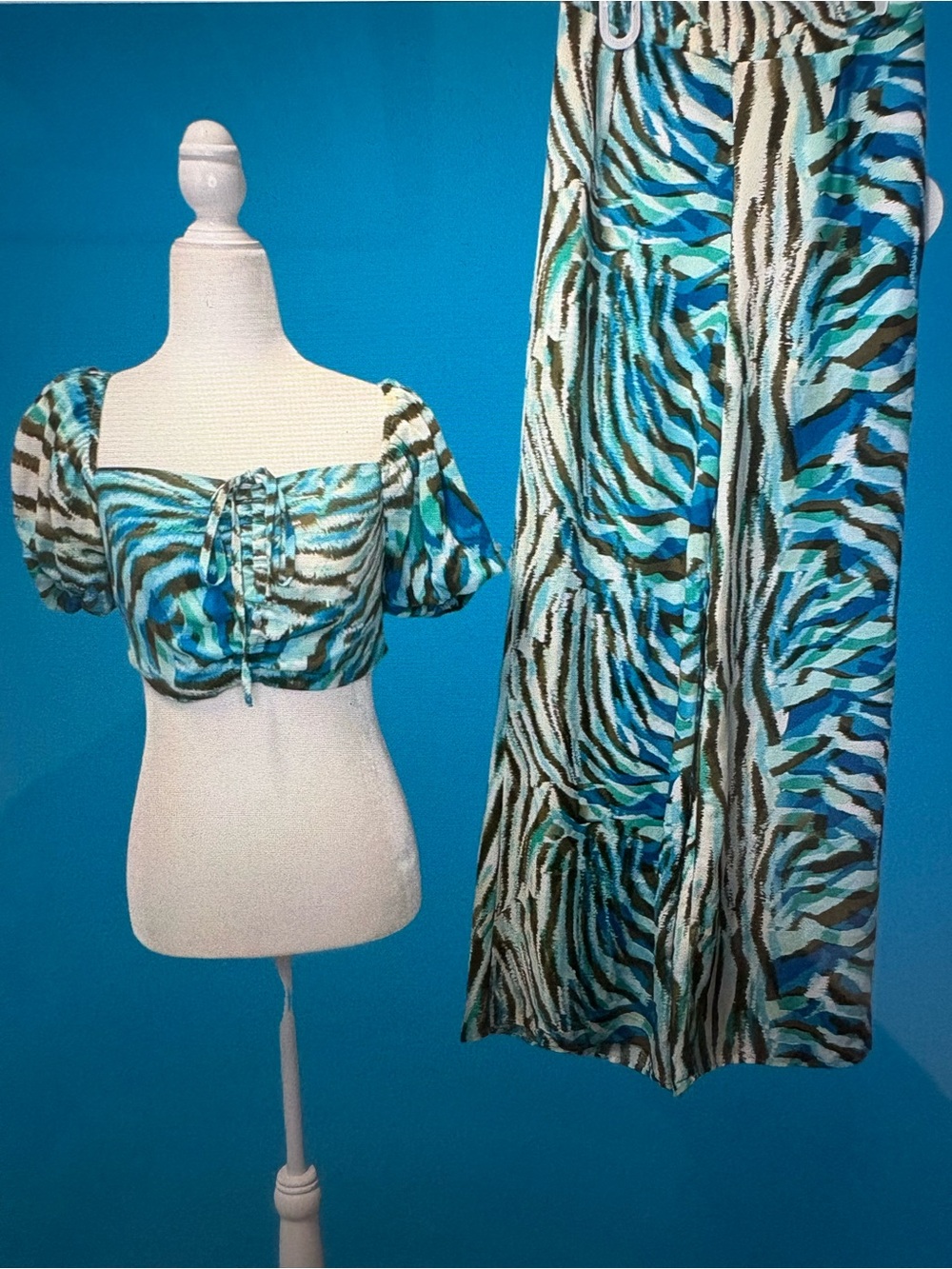 Blue Zebra-Print Two-Piece Skirt Set - Women